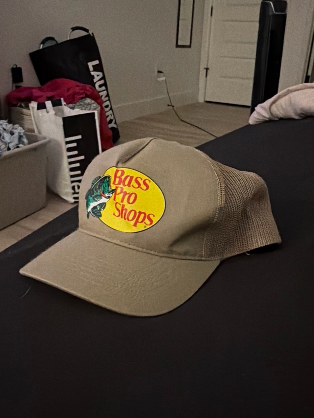 Bass Pro Shops Tan Mesh Logo Trucker Hat with Yellow Patch